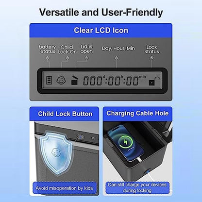 Timed Lock Box with Timer Black Lock Container Self-Controlled Time Release Safety Locker