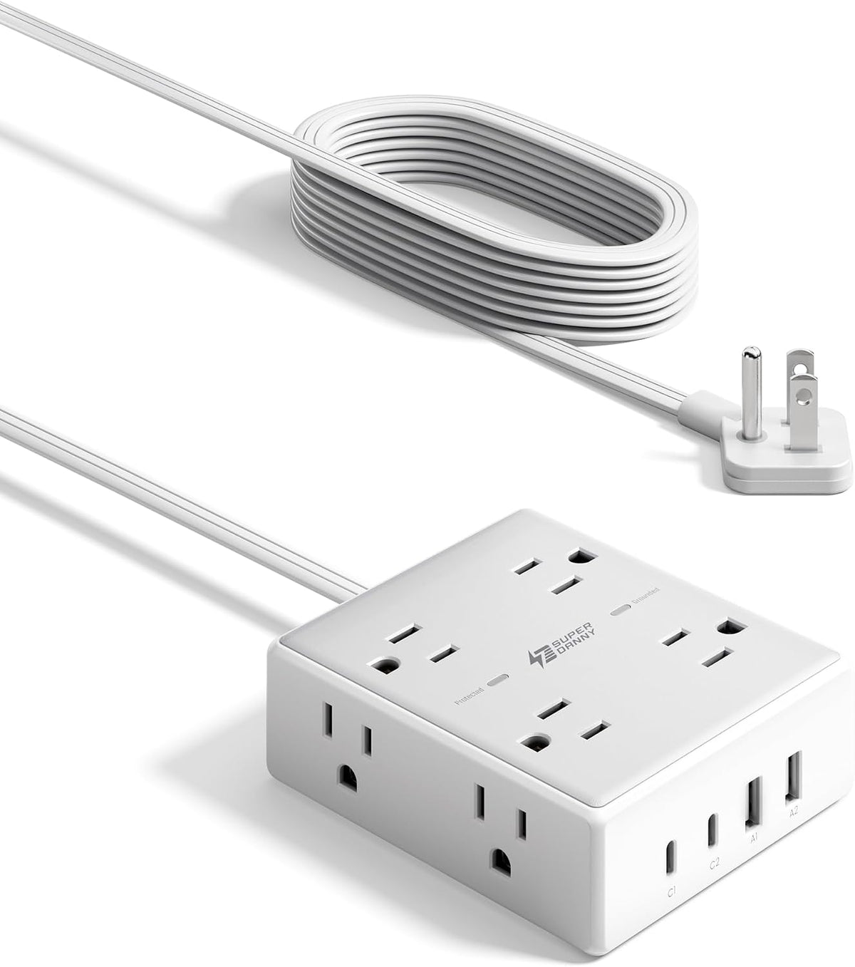 SUPERDANNY Extension Cord,Flat Plug Surge Protector Power Strip,10Ft