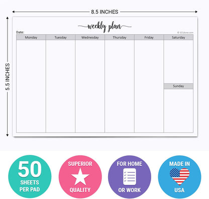 321Done Undated Weekly Planner Notepad, Jumbo 11x17 Desk Pad - 50 Tear-Off Sheets, Weekday Monday-Friday Schedule, Daily Task Planner for Home, Office & Student Use - Made in USA