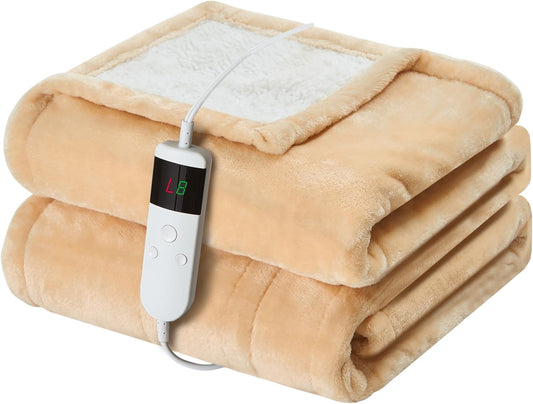 Electric Heated Blanket Throw Size 50''x60''-Control Heating Blanket, Soft & Warm Flannel 10-Level Temperature Control, 8 Hours Auto Off, Rapid Heating & Overheat Protection