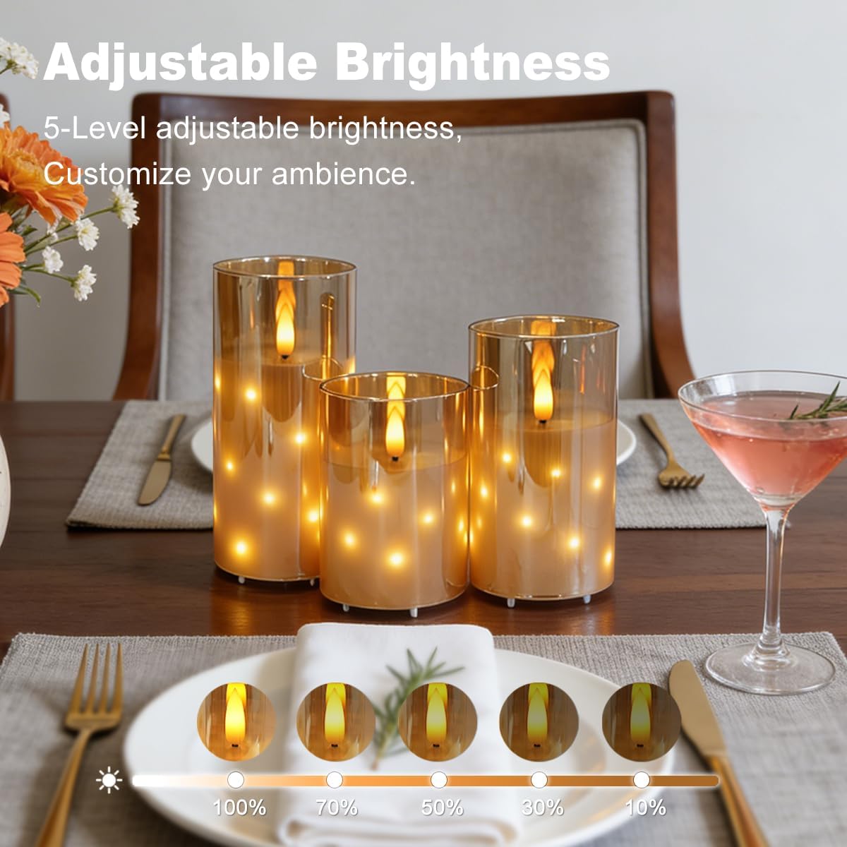 LEDHOLYT Rechargeable Flameless Glass Pillar Candles–Gifts for Women,–Set of 3, Realistic Flickering LED Flame,Remote & Timer, Ideal for Living Room, Bedroom & Halloween Festival Home Party Decor