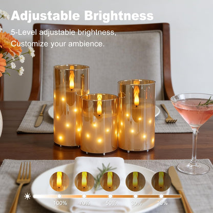 LEDHOLYT Rechargeable Flameless Glass Pillar Candles–Gifts for Women,–Set of 3, Realistic Flickering LED Flame,Remote & Timer, Ideal for Living Room, Bedroom & Halloween Festival Home Party Decor