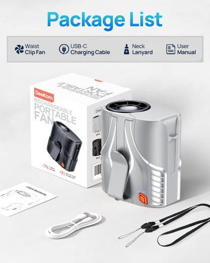 Portable Personal Waist Fan& Neck Fan, 14000RPM Brushless Motor, 40H Runtime Rechargeable, 6-Speed Quiet Operation, Clip-On Personal Body Cooling for Camping/Worksites/Outdoor