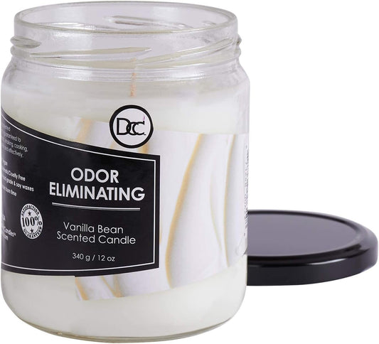 Vanilla Bean Odor Eliminating Highly Fragranced Candle - Eliminates 95% of Pet, Smoke, Food, and Other Smells Quickly - Up to 80 Hour Burn time - 12 Ounce Premium Soy Blend - Colors A