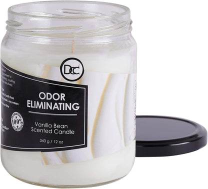 Vanilla Bean Odor Eliminating Highly Fragranced Candle - Eliminates 95% of Pet, Smoke, Food, and Other Smells Quickly - Up to 80 Hour Burn time - 12 Ounce Premium Soy Blend - Colors B