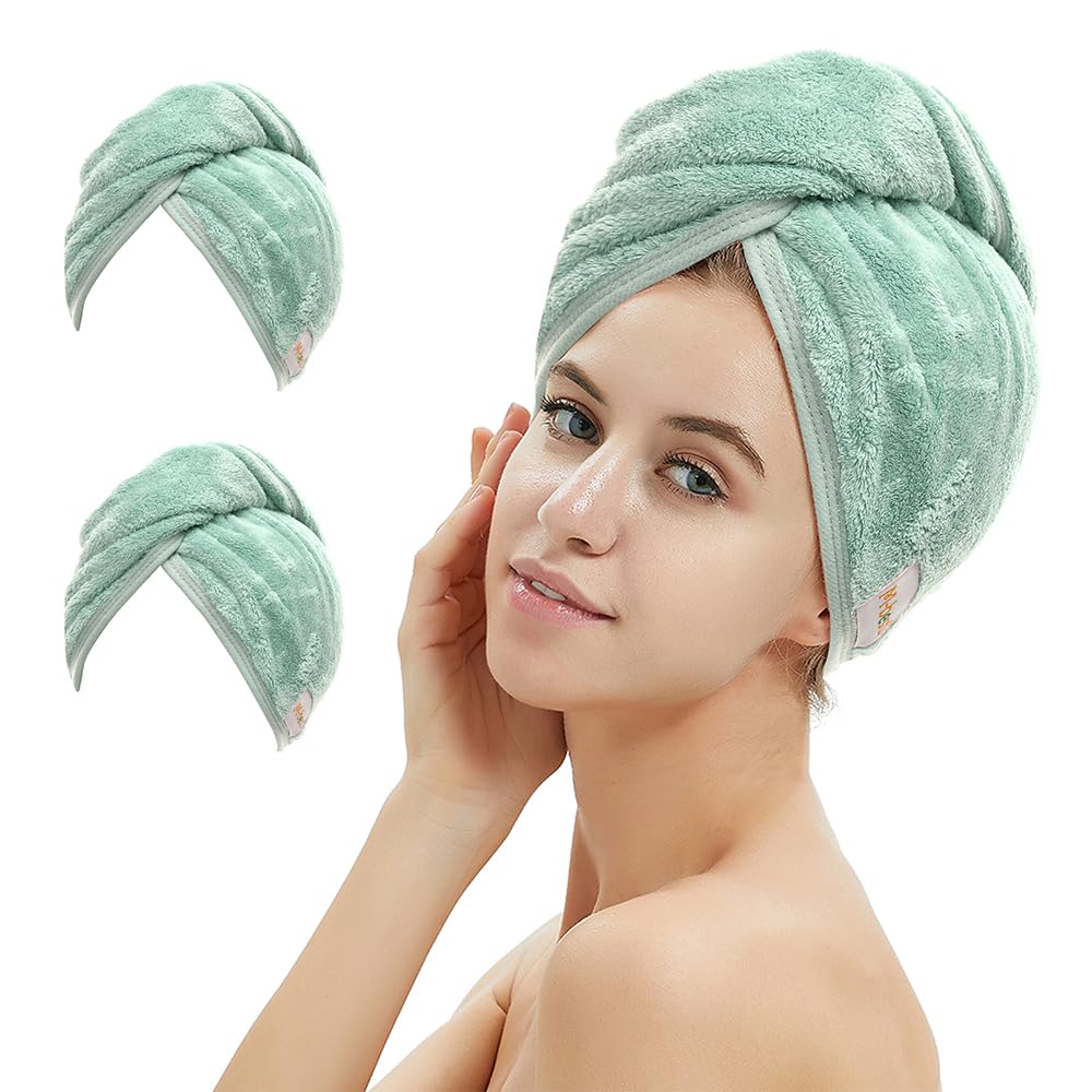 M-bestl 2 Pack Microfiber Hair Towel Wrap,Hair Drying Towel with Button,Quick Dry Hair Towel Turban for Women,Absorbent Anti-frizz Head Towel for Long Thick Curly Hair(Pink&Beige)
