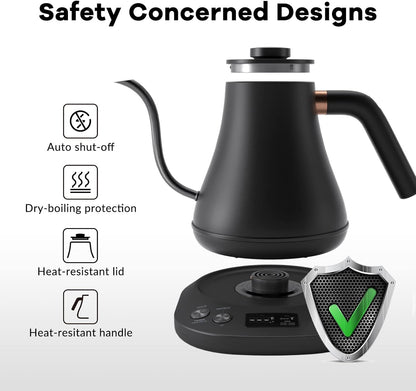 Mecity Electric Gooseneck Kettle With LCD Display Automatic Shut Off Retro Coffee Kettle Temperature Control Hot Water Boiler to Pour Over Tea, 1200 Watt Quick Heating Tea Pot, 0.8L, Stainless Steel