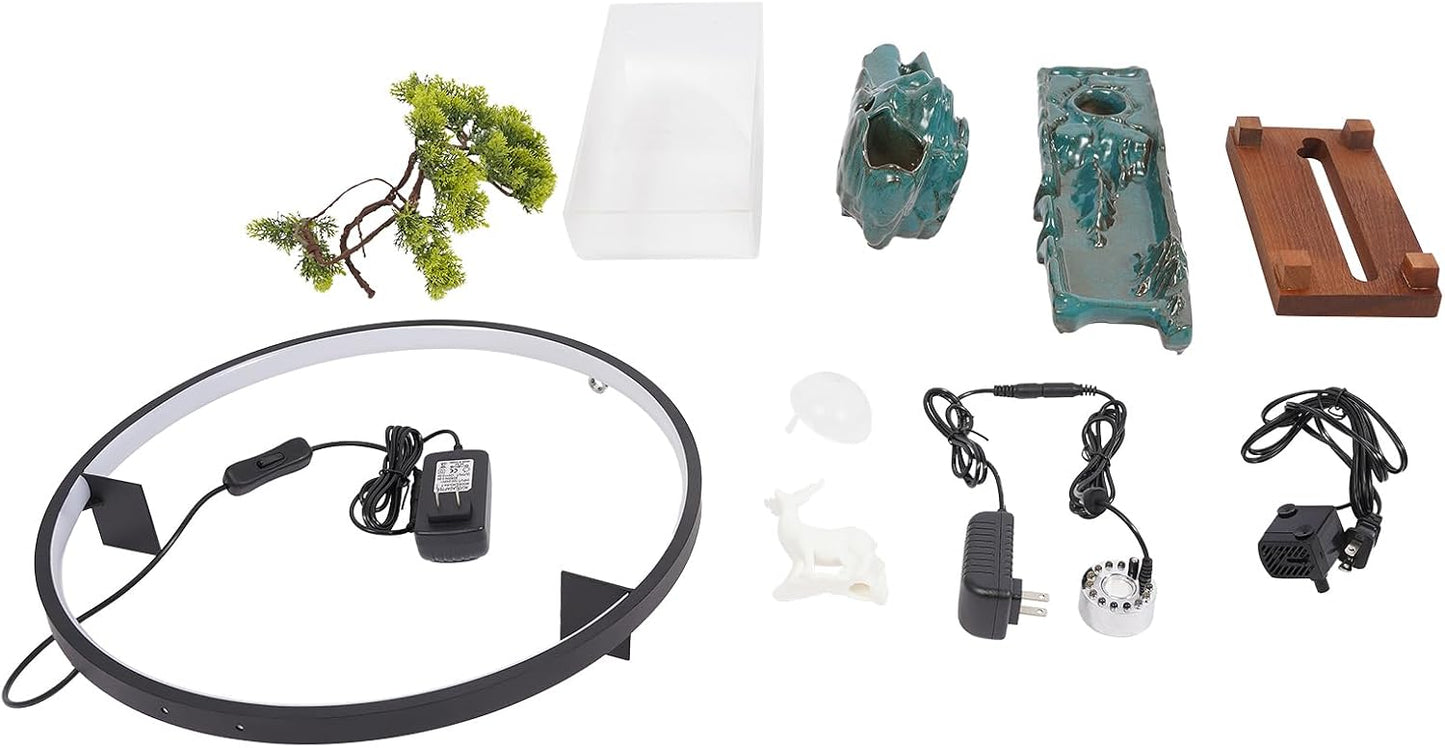 Mini Artificial Bonsai Tree Waterfall Fog Feature Rock Tabletop Fountain | 11in Desktop Decor Waterfall Fountain W/ Water Pump& Atomizer&LED Lights &Fake Tree Office Bedroom Relax