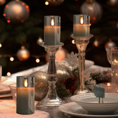 LEDHOLYT Rechargeable Flameless Glass Pillar Candles–Gifts for Women,–Set of 3, Realistic Flickering LED Flame,Remote & Timer, Ideal for Living Room, Bedroom & Halloween Festival Home Party Decor