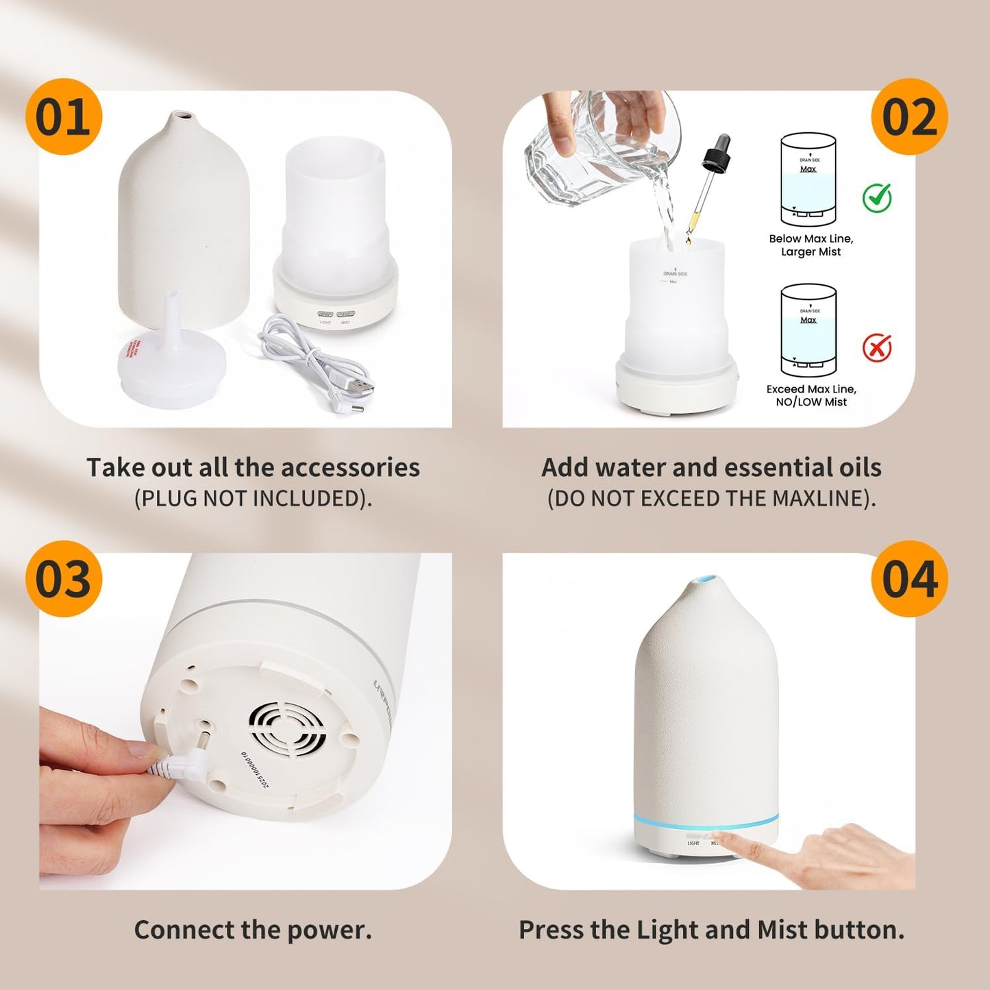 URPOWER 180ML Ceramic Essential Oil Diffuser, Ultrasonic Aromatherapy Diffuser with 7-Color Lights, Auto Shut-Off, Quiet Oil Diffuser for Bedroom, Home Office