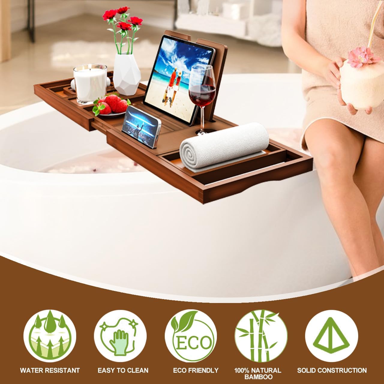 Premium Bamboo Bathtub Tray Caddy - Bath Tub Tray Table for Bathtub - Bath Caddy Tray for Bathtub, Expandable Size, Fits Most Bath Tubs