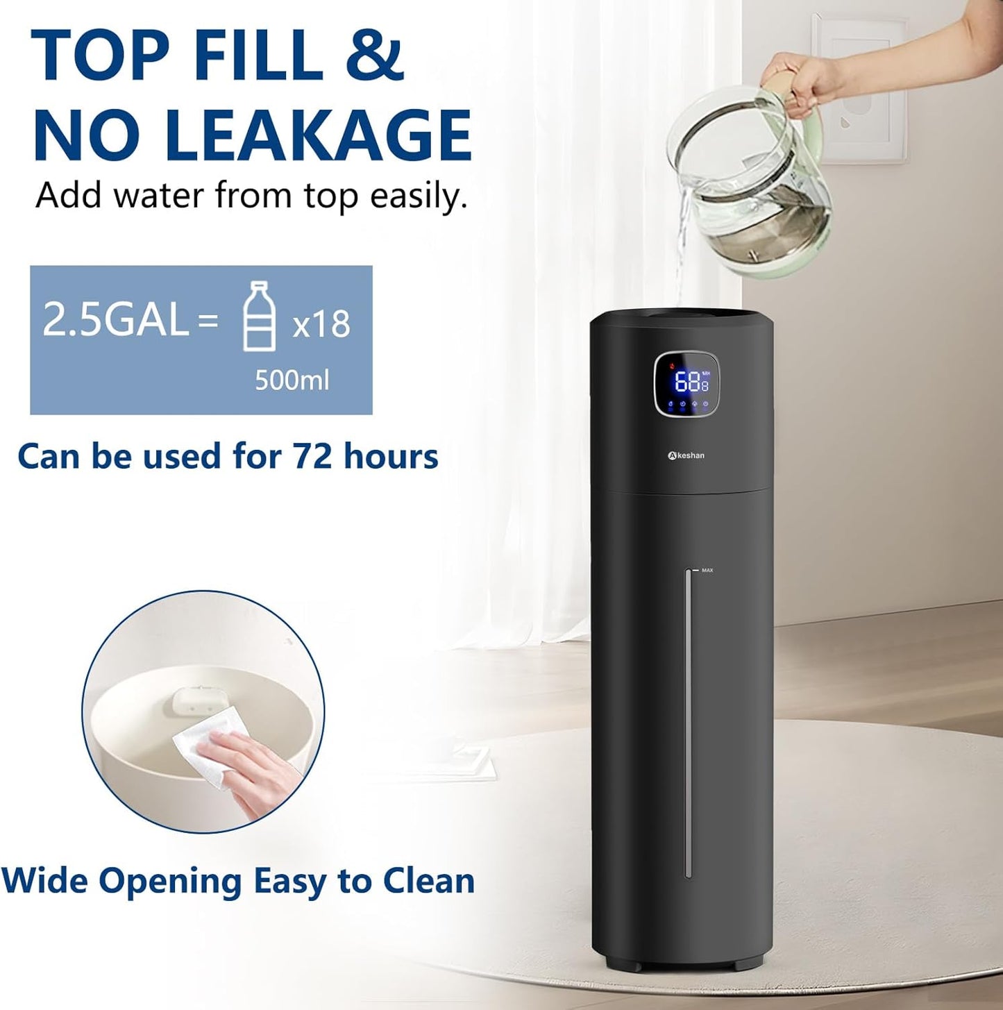 Akeshan Large Humidifiers for Bedroom, 9L/2.5Gal Ultrasonic Cool Mist Humidifier, Top Fill Easy Clean with 350ML/H Large Mist Speed, Quiet, Suitable for Kids Room Plant Yoga Office Study Room Living