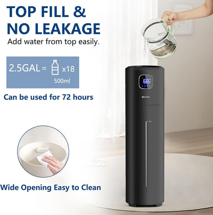 Akeshan Large Humidifiers for Bedroom, 9L/2.5Gal Ultrasonic Cool Mist Humidifier, Top Fill Easy Clean with 350ML/H Large Mist Speed, Quiet, Suitable for Kids Room Plant Yoga Office Study Room Living