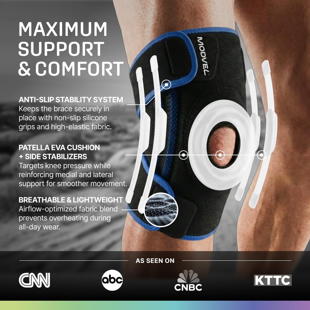 Modvel Knee Brace with Side Stabilizers & Patella Gel Pads for Pain Relief and Joint Support Breathable, Non-Slip Compression Sleeve for Men & Women, Arthritis, Meniscus, ACL Recovery