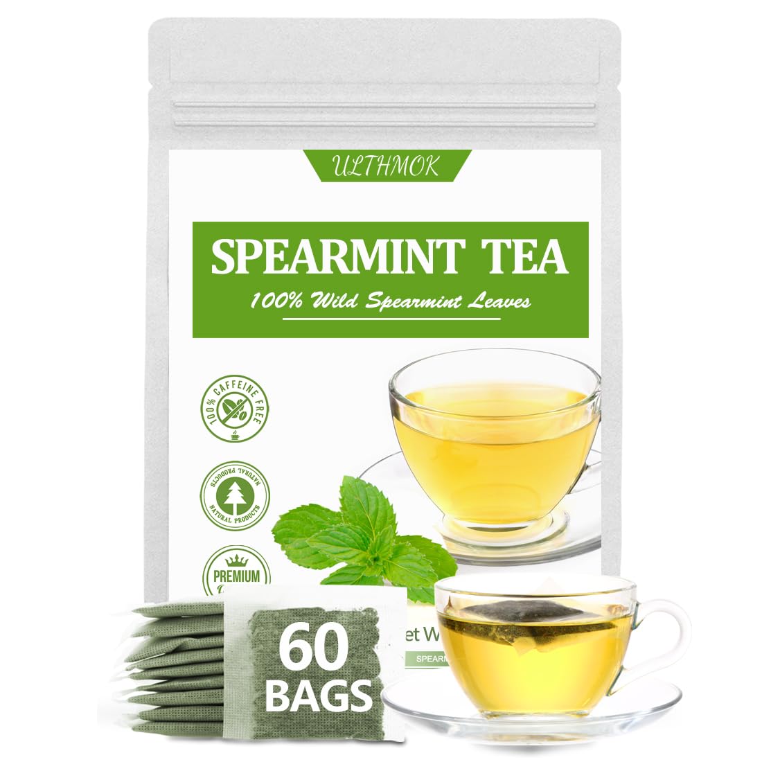 Premium 60 Spearmint Tea Bags, Made with 100% Pure Natural Spearmint Leaves, Caffeine Free & No Additives.