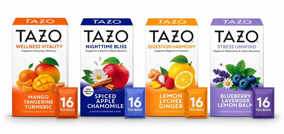 TAZO Herbal Tea Variety Pack, Nighttime, Digest, Relax & Vitality Blends, Caffeine Free, 16 Count Each (Pack of 4), 64 Total Tea Bags