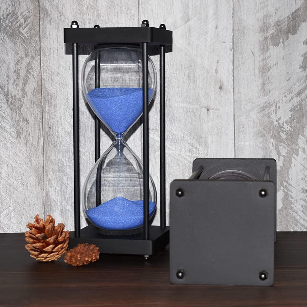 Hourglass Timer 60 Minute, Black Wooden Frame Decorative Sand Timer (Black Sand, Large Size)