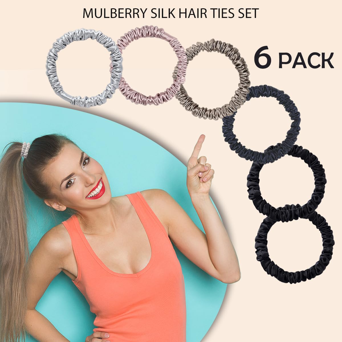 22 Momme 100% Pure Mulberry Silk Scrunchies (4 PCS) - Small Hair Elastics and Ties for Women, Sleep Hair Care, No Damage, Black