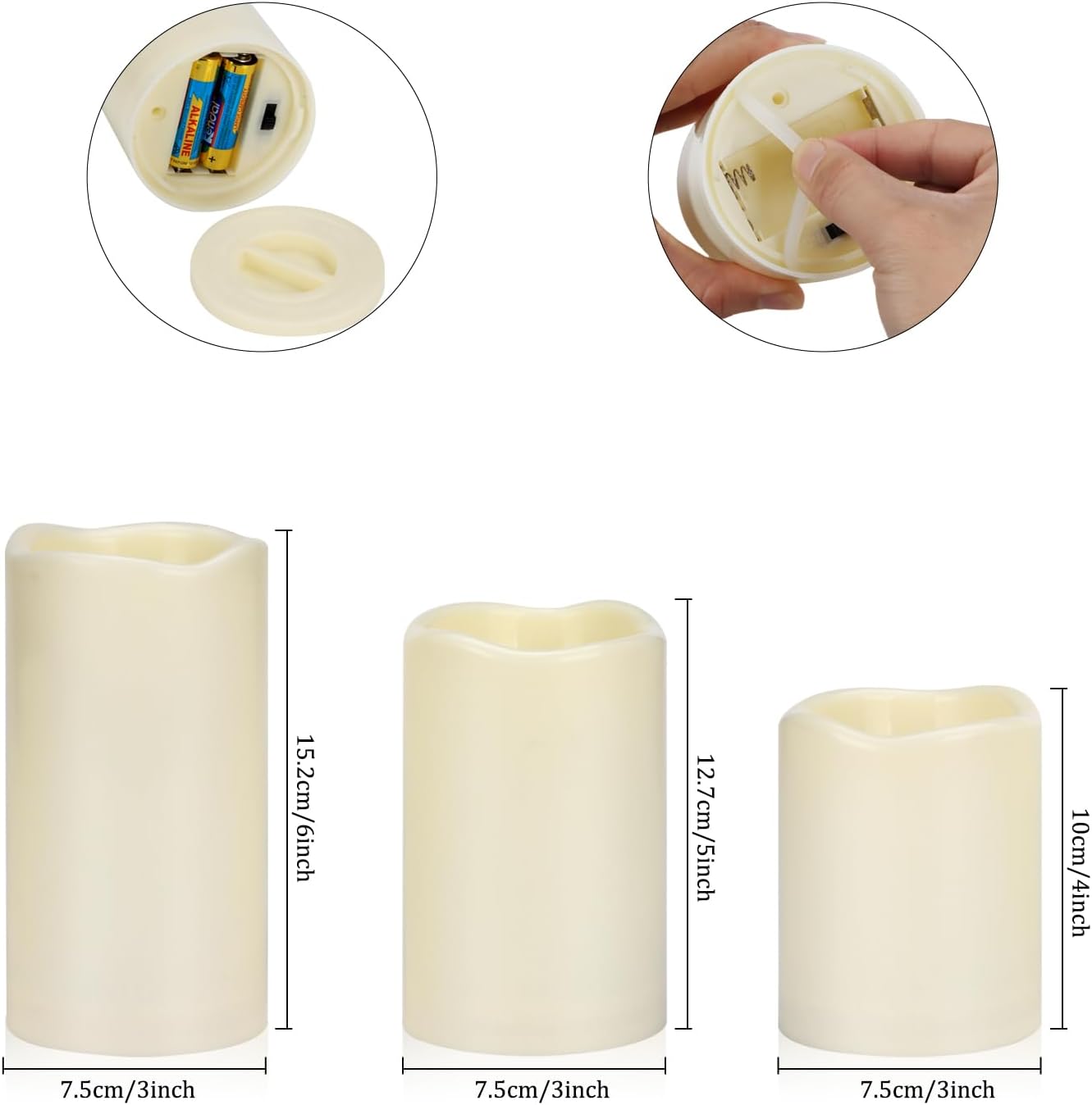 Flameless Candles 4" 5" 6" Set of 3 Outdoor Indoor Ivory Pillars Battery Operated Flickering Candles with Cozy Climbing Flame Effect, 8-Key Remote Timer, Plastic LED Candles for Wedding Decor