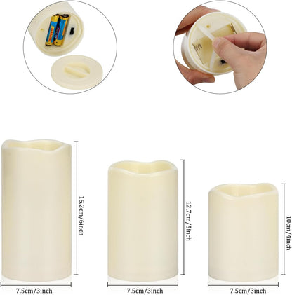 Flameless Candles 4" 5" 6" Set of 3 Outdoor Indoor Ivory Pillars Battery Operated Flickering Candles with Cozy Climbing Flame Effect, 8-Key Remote Timer, Plastic LED Candles for Wedding Decor