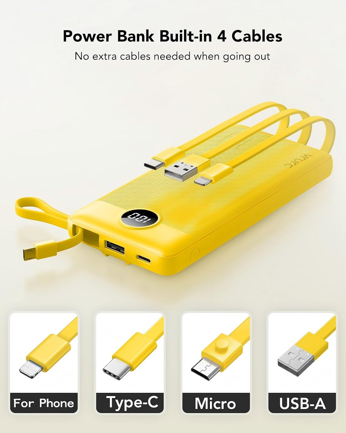 VRURC Portable Charger, Slim Power Bank Built-in 4 Cables, Travel Essential