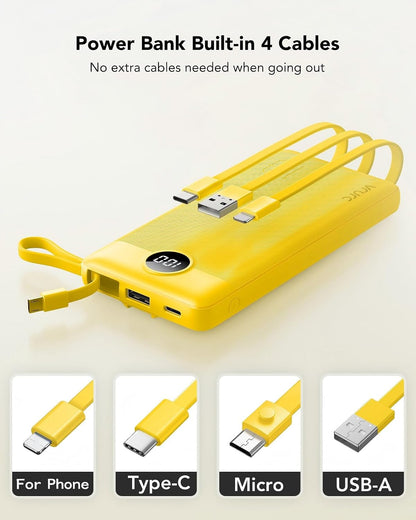 VRURC Portable Charger, Slim Power Bank Built-in 4 Cables, Travel Essential