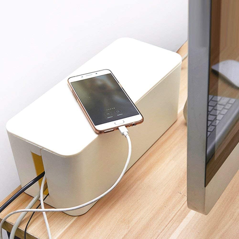 Cable Management Box Organizer, Pack of 2 Wire Concealer to Cover Hide Surge Protector & Power Strip on Desk Floor, with 5 Cord Fastening Tapes for Office, Home, Kitchen (Luxury Black)