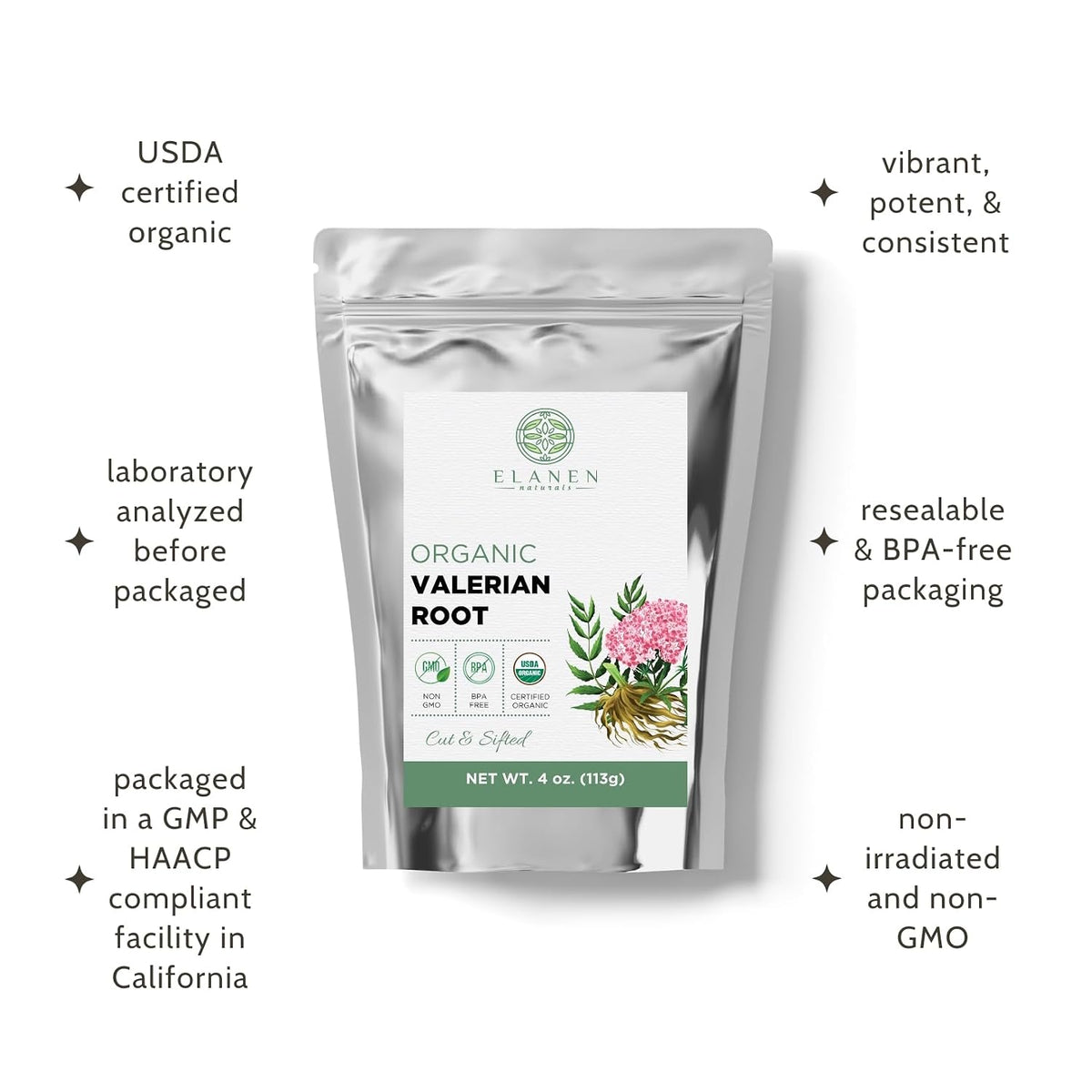 Elanen Naturals Organic Valerian Root 4 oz. (113g), USDA Certified Organic Valerian Root Herb Tea, Te De Valeriana Para Dormir, Valarian Officinalis Whole Loose Leaf, Cut & Sifted