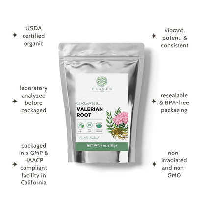Elanen Naturals Organic Valerian Root 4 oz. (113g), USDA Certified Organic Valerian Root Herb Tea, Te De Valeriana Para Dormir, Valarian Officinalis Whole Loose Leaf, Cut & Sifted