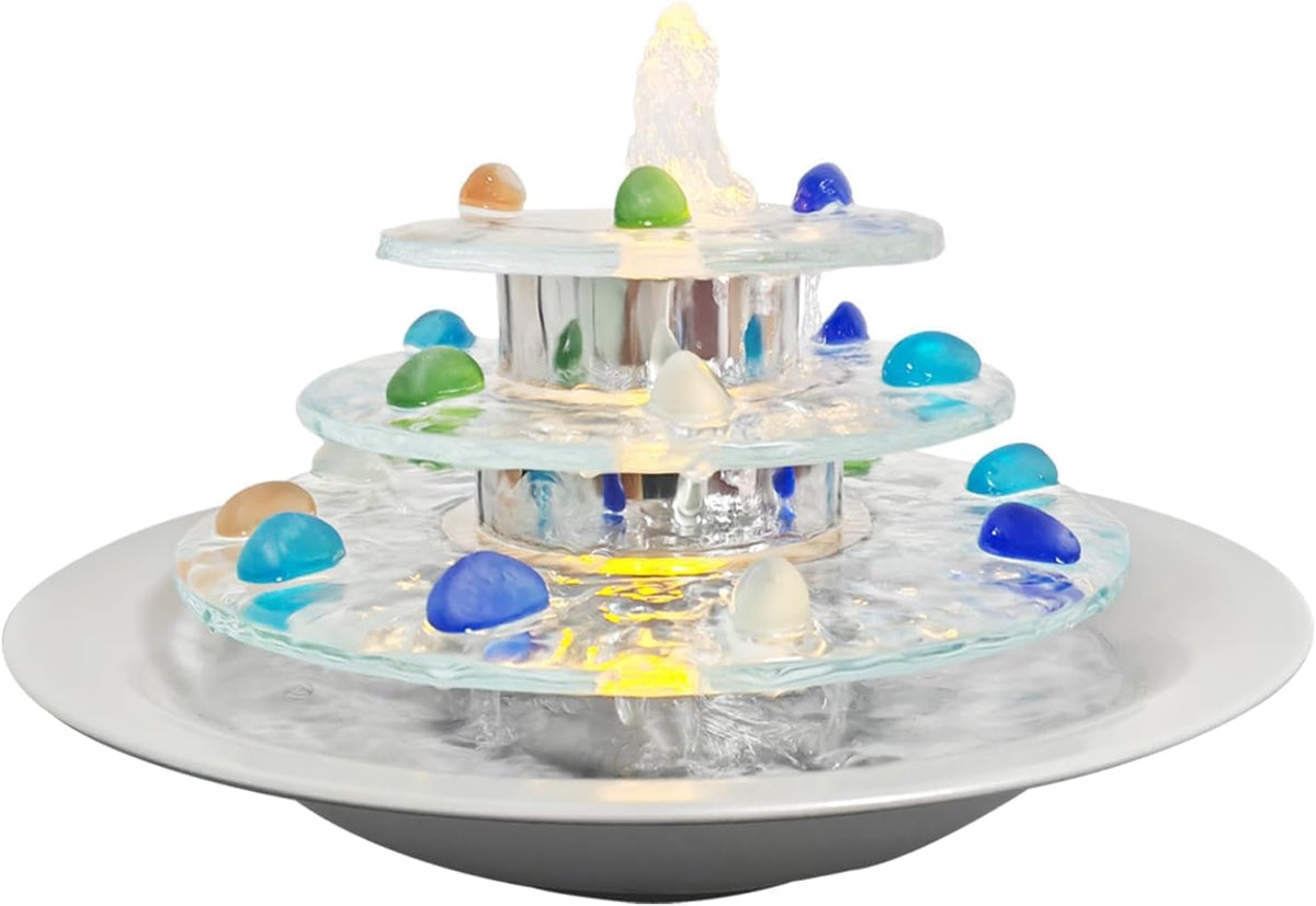 Pamopamo Indoor Tabletop Fountain 3-Tier Waterfall, Zen Meditation Fountain with LED Light, Small Desk Water Feature Soothing Sound Relaxing for Office Home Décor