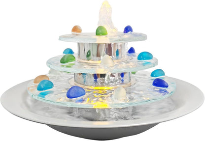 Pamopamo Indoor Tabletop Fountain 3-Tier Waterfall, Zen Meditation Fountain with LED Light, Small Desk Water Feature Soothing Sound Relaxing for Office Home Décor