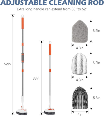 SetSail Tile Tub Scrubber Brush 3-in-1 Shower Scrubber with 52-inch Adjustable Long Handle Shower Cleaner Brush and 3 Detachable Replacement Brush Heads for Cleaning Bathroom Kitchen Walls Tub Tile