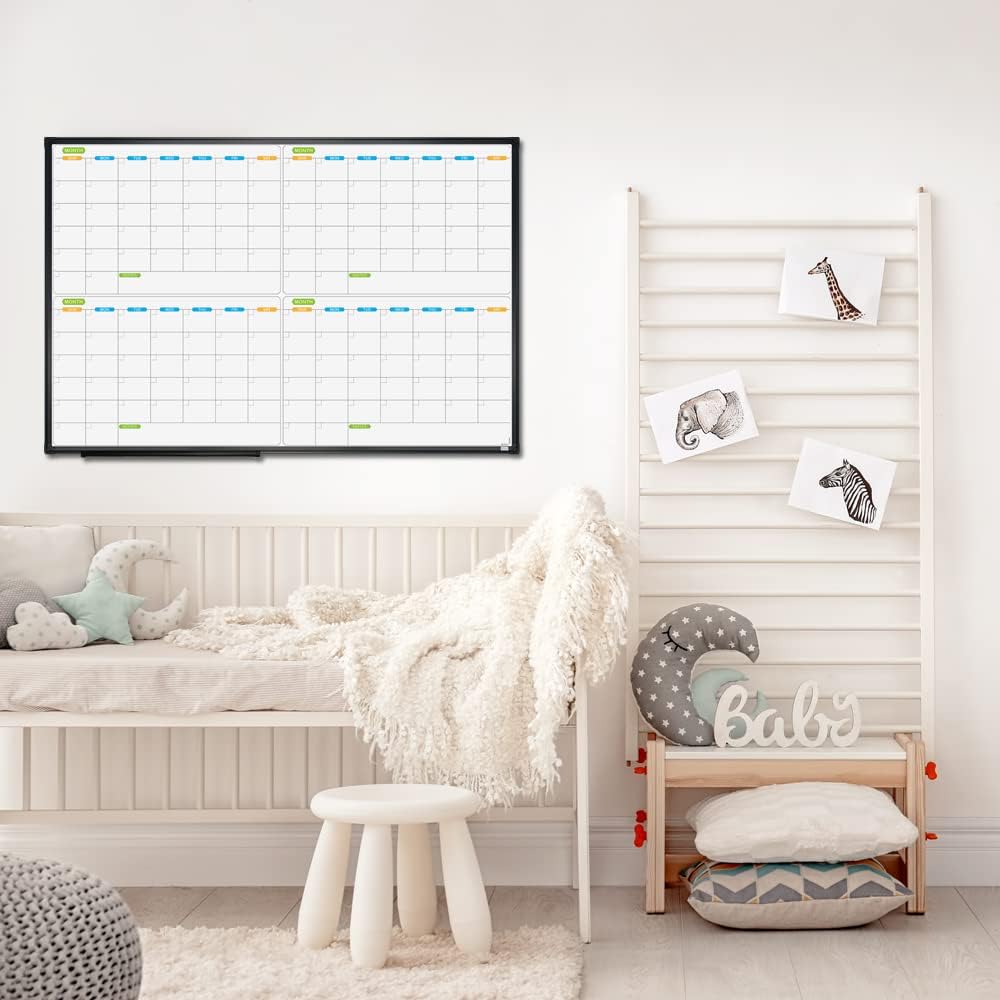 JILoffice Magnetic Dry Erase Calendar Whiteboard, 4 Month White Board Planner 36 X 24 Inch, Black Aluminum Frame Wall Mounted Board for Office Home and School
