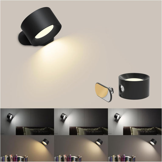 AKSDA Battery Operated Wall Sconces Set of 2, Magnetic Cordless LED Wall Lights with 3 Color Temp & Dimmable Touch Control, 360° Rotating Rechargeable Wall Lamp, Reading Light for Bedroom & Bedside