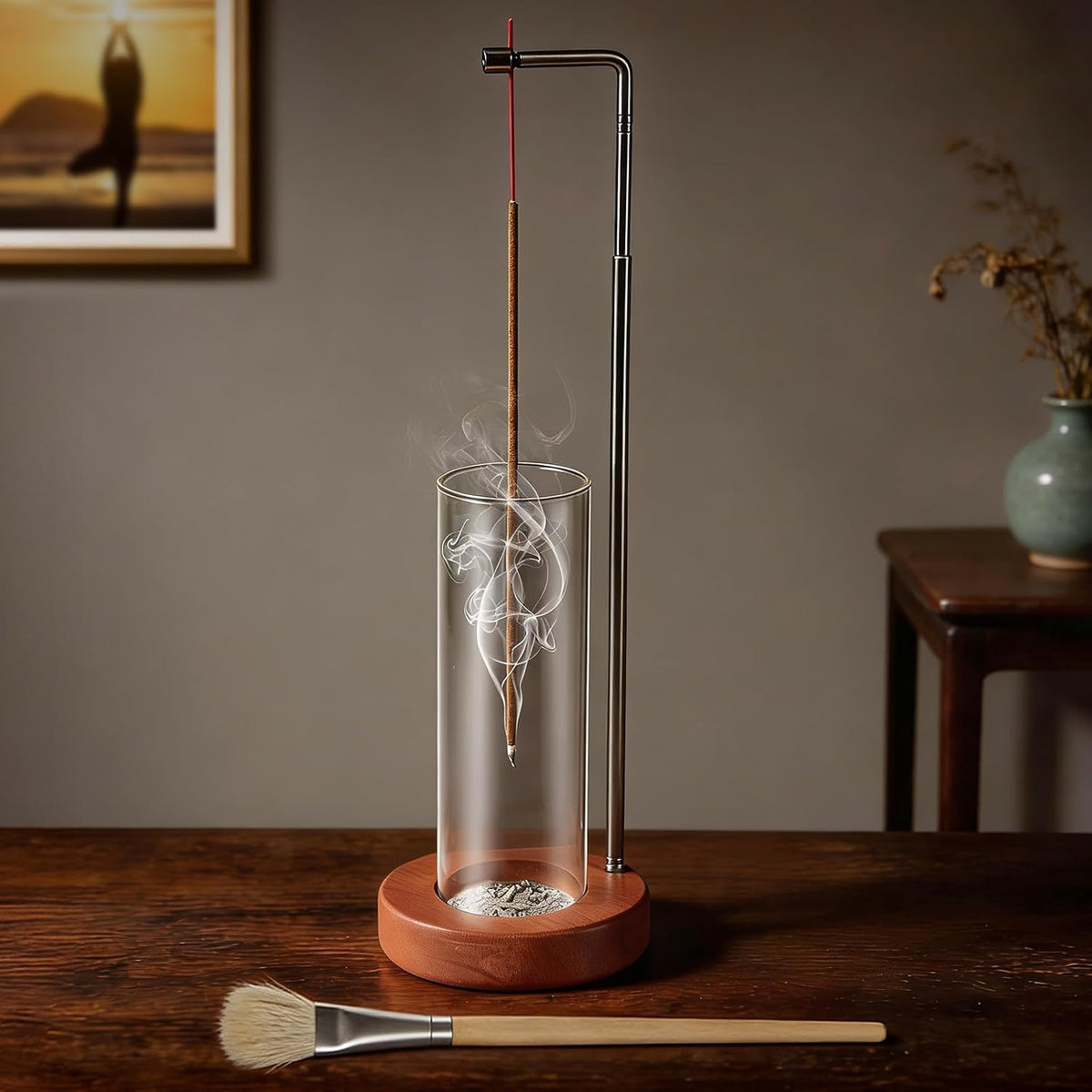 Incense Holder for Sticks, 2 in 1 Incense Sticks Burner with Glass Ash Catcher & Storage, Upside Down Incense Holder with Brush, Anti-Ash for Yoga Meditation Spa Outdoor Patio(Extends 8.7"-13.4")