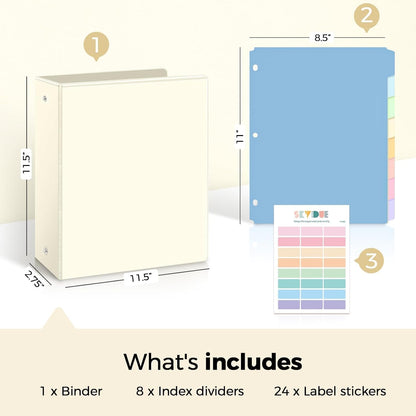 SKYDUE 1 Inch 3 Ring Binder with 8 Tab Dividers & 24 Labels, Pastel Binder Organizer for Letter Size Paper, Aesthetic School Binder for Notes, Documents, Office & Home Organization, Purple