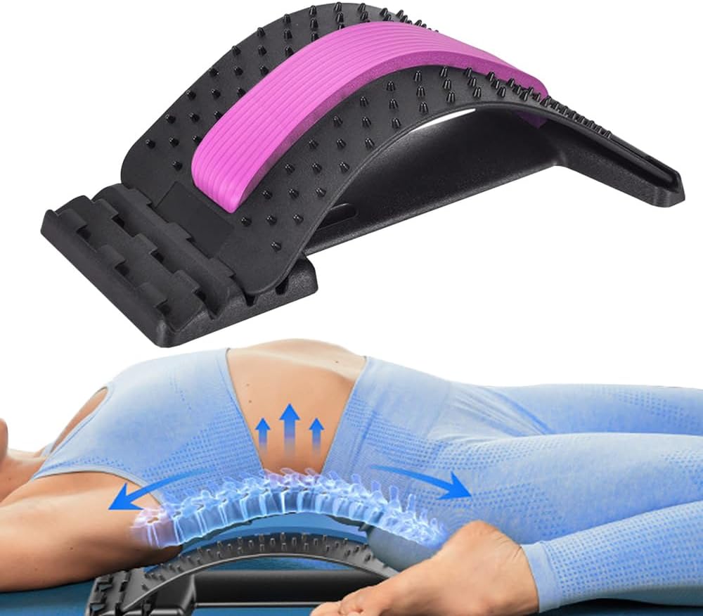 Back Stretcher for Lower Back Pain Relief, 4 Level Adjustable Lumbar Cracker Board Massager, Stretching Device for Scoliosis, Sciatica (Purple)