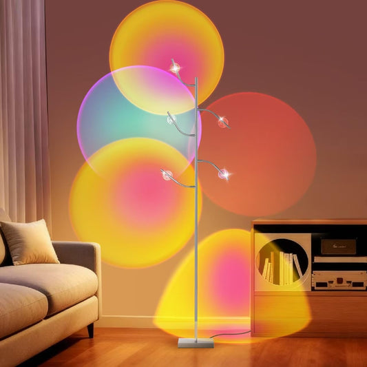 5 Head RGBW Halo Projector Floor Lamp, 4000K LED with Replaceable Color Filters, 71 Inch, 15W, Chrome, Sunset Projection Floor Lamp for Bedroom, Living Room, Game Room