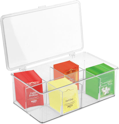 Clear Tea Bag Organizer with Lid, Stackable Storage Bin with Dividers