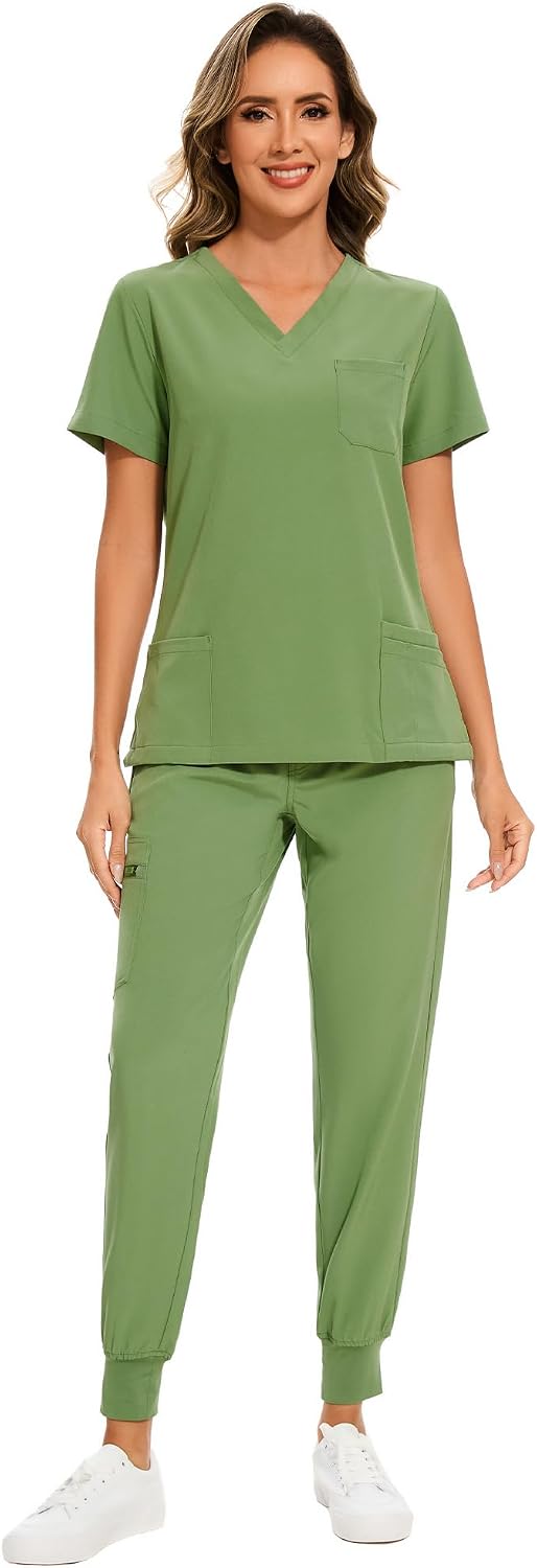 COZYFIT Scrubs for Women Set - Stretch V-Neck Scrub Top & Jogger Pant with 8 Pockets COZY SCRUBS - Colors E