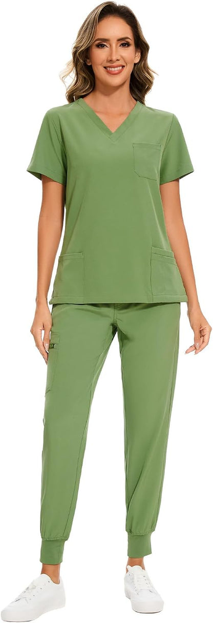 COZYFIT Scrubs for Women Set - Stretch V-Neck Scrub Top & Jogger Pant with 8 Pockets COZY SCRUBS - Colors E