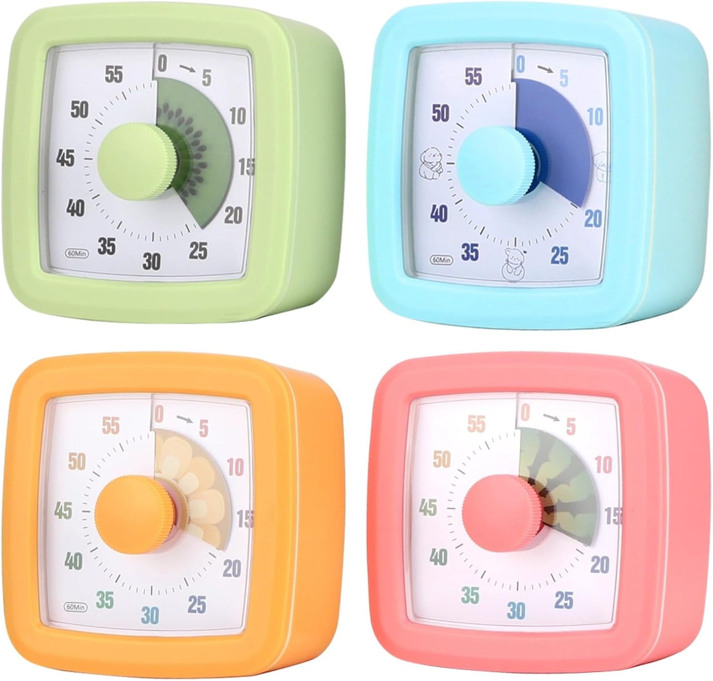 4 PCS Visual Timer, 60 Minutes Countdown Clock, Colored Mechanical Time Management Tool, Quiet Operation Design with Clear Dial Display for Reading, Home Office Focus, Productivity Training