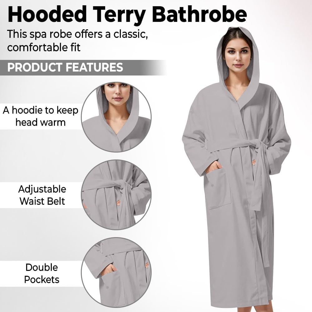 KAHAF COLLECTION Women Hooded 100% Cotton Terry Bathrobe, Soft Absorbent Quick Dry Robe for Spa, Shower & Home Wear