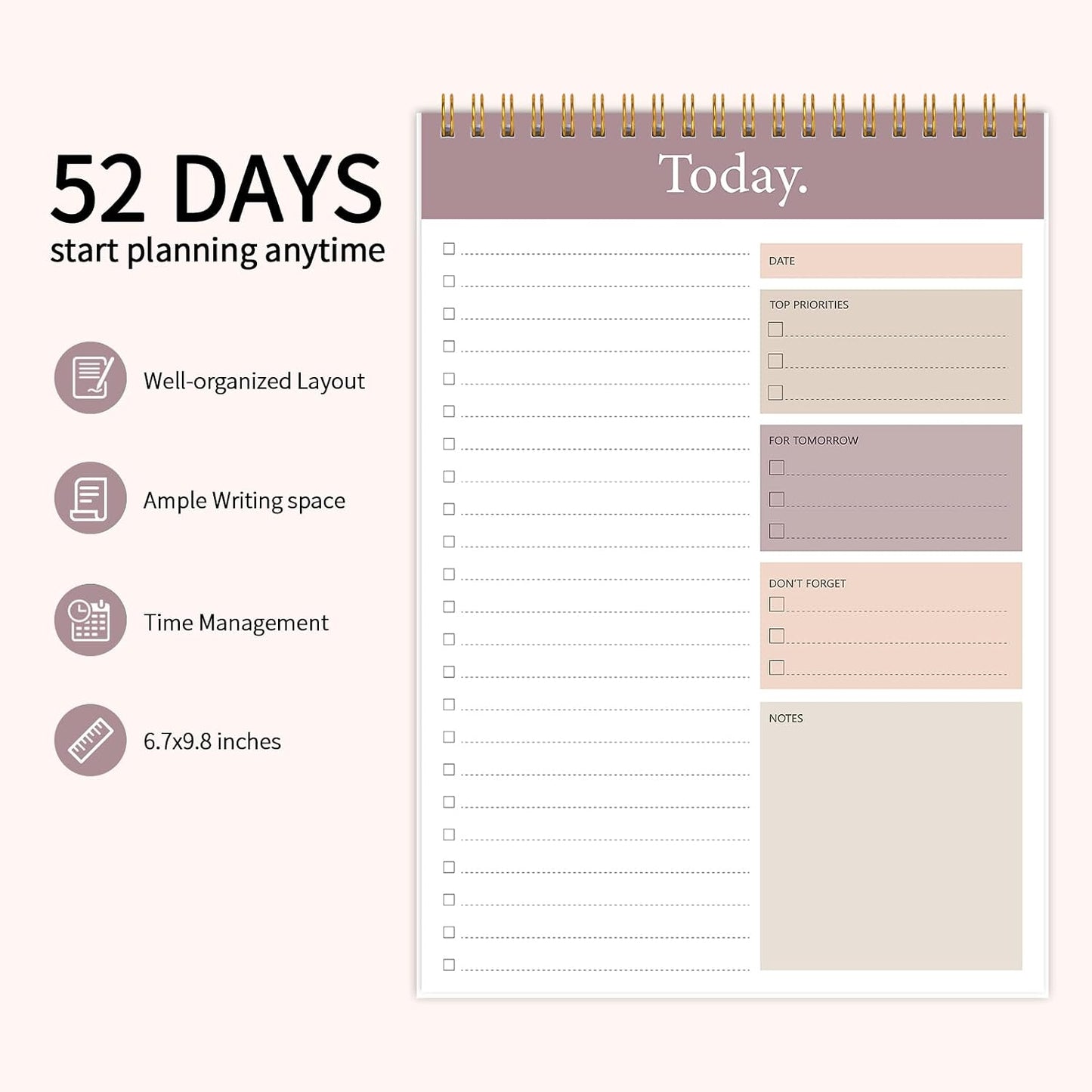 To Do List Notepad - Daily Planner Notepad 104 Pages Task Planner, 6.7" x 9.8" Double Sided Spiral Notebook with Checklist Productivity Planning Pad for Work Office Home-Pink