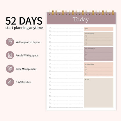 To Do List Notepad - Daily Planner Notepad 104 Pages Task Planner, 6.7" x 9.8" Double Sided Spiral Notebook with Checklist Productivity Planning Pad for Work Office Home-Pink