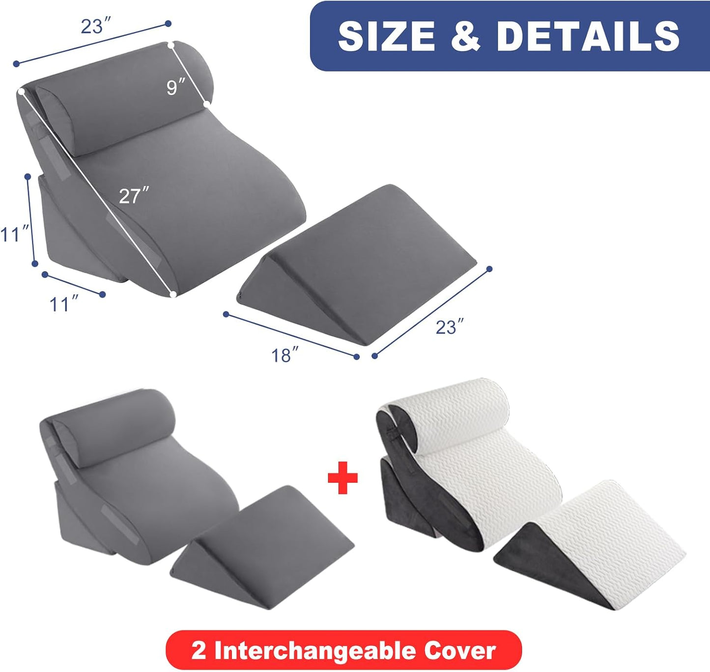 4PCS Orthopedic Bed Wedge Pillow Set for Sleeping, Post Surgery Foam Support Pillows for Back, Neck and Leg Pain Relief, Adjustable Triangle Pillow – Acid Reflux, GERD & Snoring Recovery, White Grey