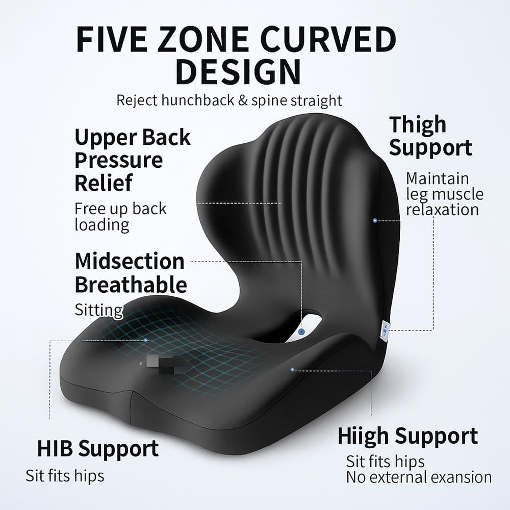 Posture and Seat Cushion, 2025 Upgrade Memory Foam L-Shaped Integrated Seat Cushions, Posture Corrector Seat Cushion for Lower Back Tailbone Protection, Lumbar Support (Black)