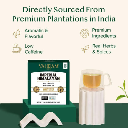 VAHDAM Himalayan White Teabag(15 Count)Individually Wrapped Pyramid Teabags