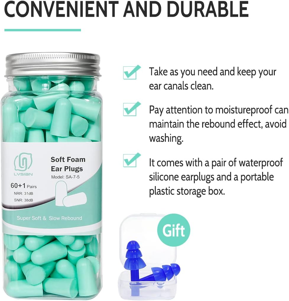 LYSIAN Ultra Soft Foam Earplugs for Sleeping, 38dB SNR Noise Reduction Ear Plugs for Snoring, Shooting, Study, Work and Travel, 60 Pairs, Purple
