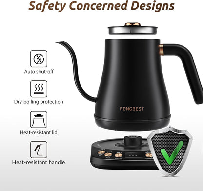 RONGBEST Electric Gooseneck Kettle 1L, 6 Temperature Control Presets, 1200W Quick Heating Water Pour Over Coffee & Tea Pot with Auto Shut-off & Keep-warm, Stainless Steel Inner & Lid, Matte Black